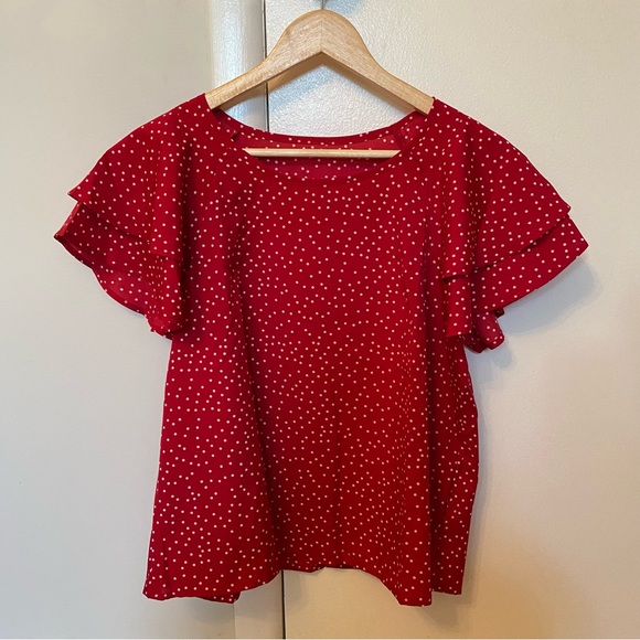 White and Red Polkadot Blouse Flowy Ruffle Large - Picture 6 of 6